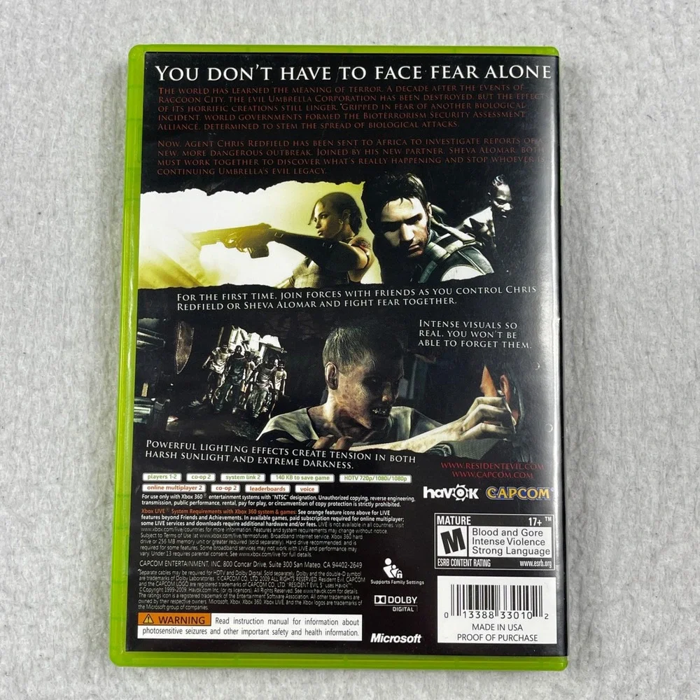 Capcom Resident Evil 5 Xbox 360 OS Green Survival Horror‎ Action CIB Game